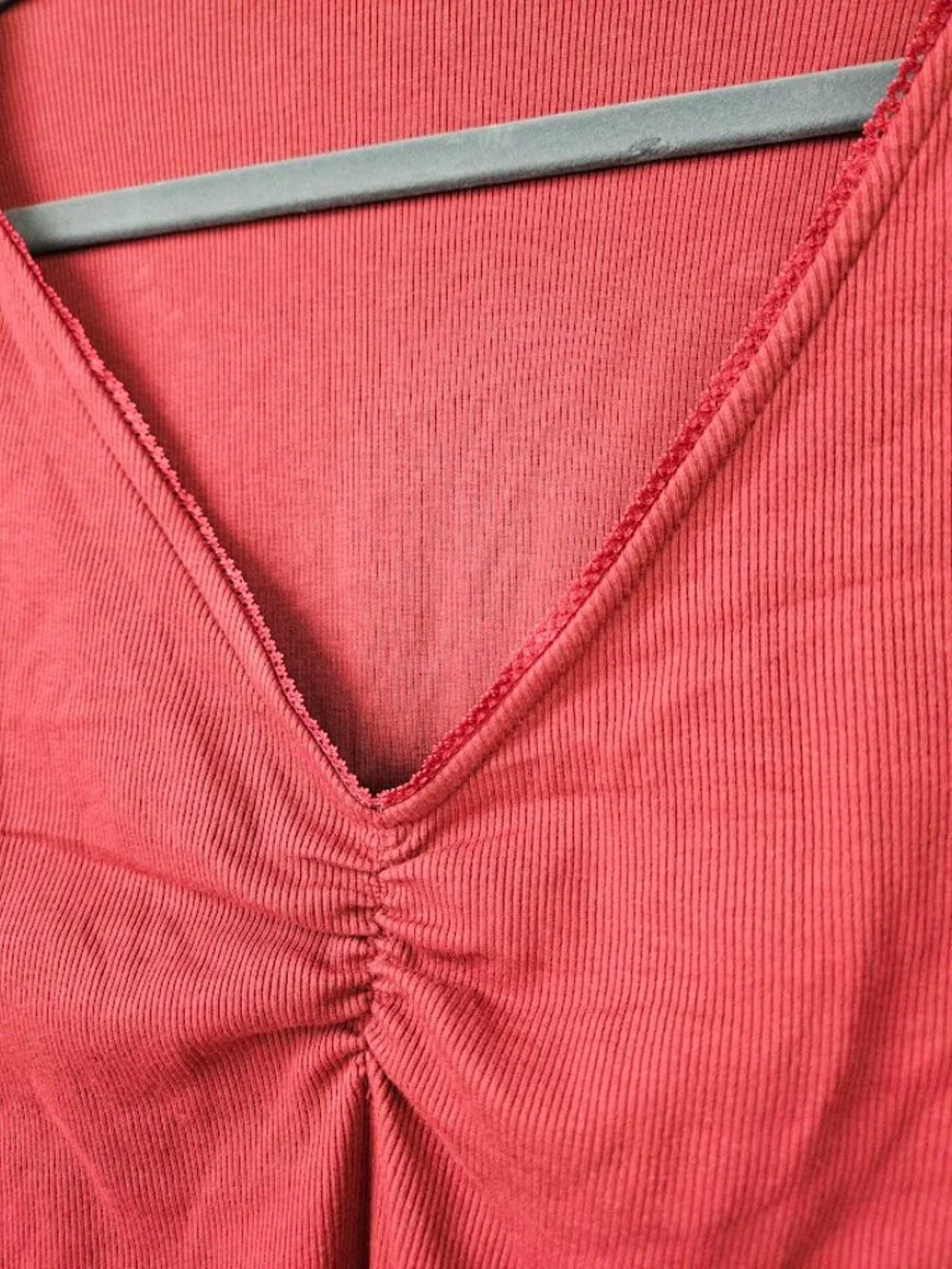 Old Navy Red Ribbed Ruffle Lace Shirt Top Coquette Kawaii Boho Cottagecore Soft